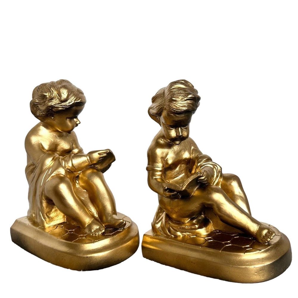 Vintage Pair faux Brass Bookends Boy Reading a Book~Gold Art Deco Decor~Cherubs - Picture 4 of 10